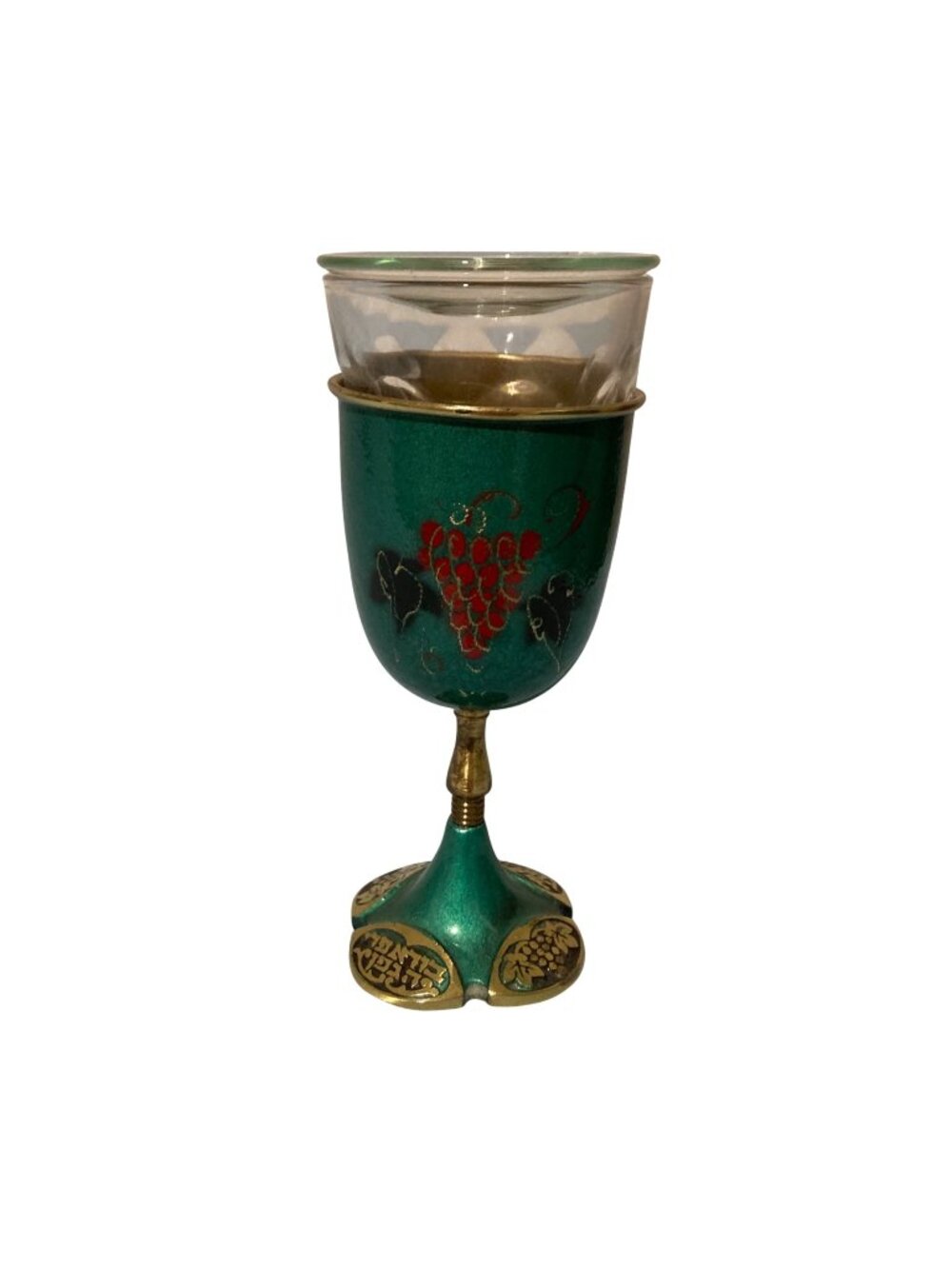 Vintage Brass And Enamel Kiddush Cup With Glass Insert And Top